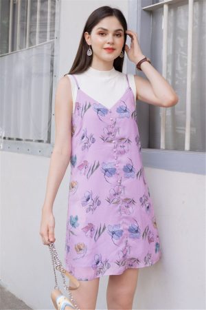 ACW Drawn Coloured Florals Button Cami Dress in Lilac