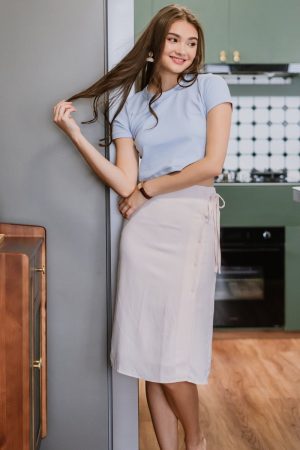 ACW Button Panel Sash Midi Skirt in Ivory