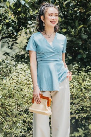 Wrap Overlay Sleeve Top in Sky Blue