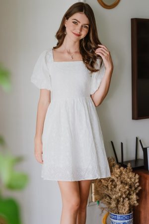 ACW Puff Sleeve Eyelet Babydoll Romper Dress