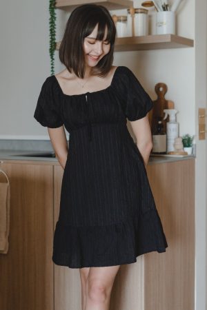 Textured Front Tie Puff Sleeve Romper Dress in Black