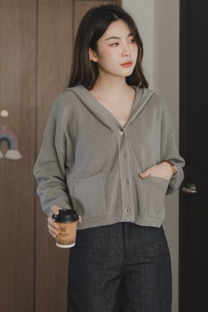 ACW Knit Hoodie Button Down Sweater in Moss Grey