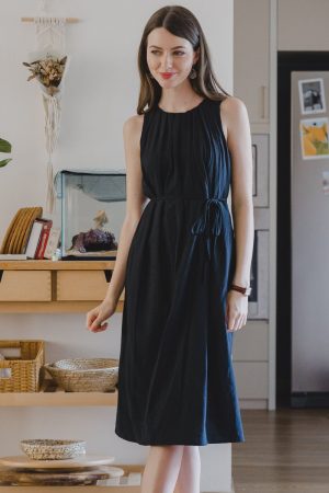 ACW Ruched Pleat Neckline Midi Dress in Black